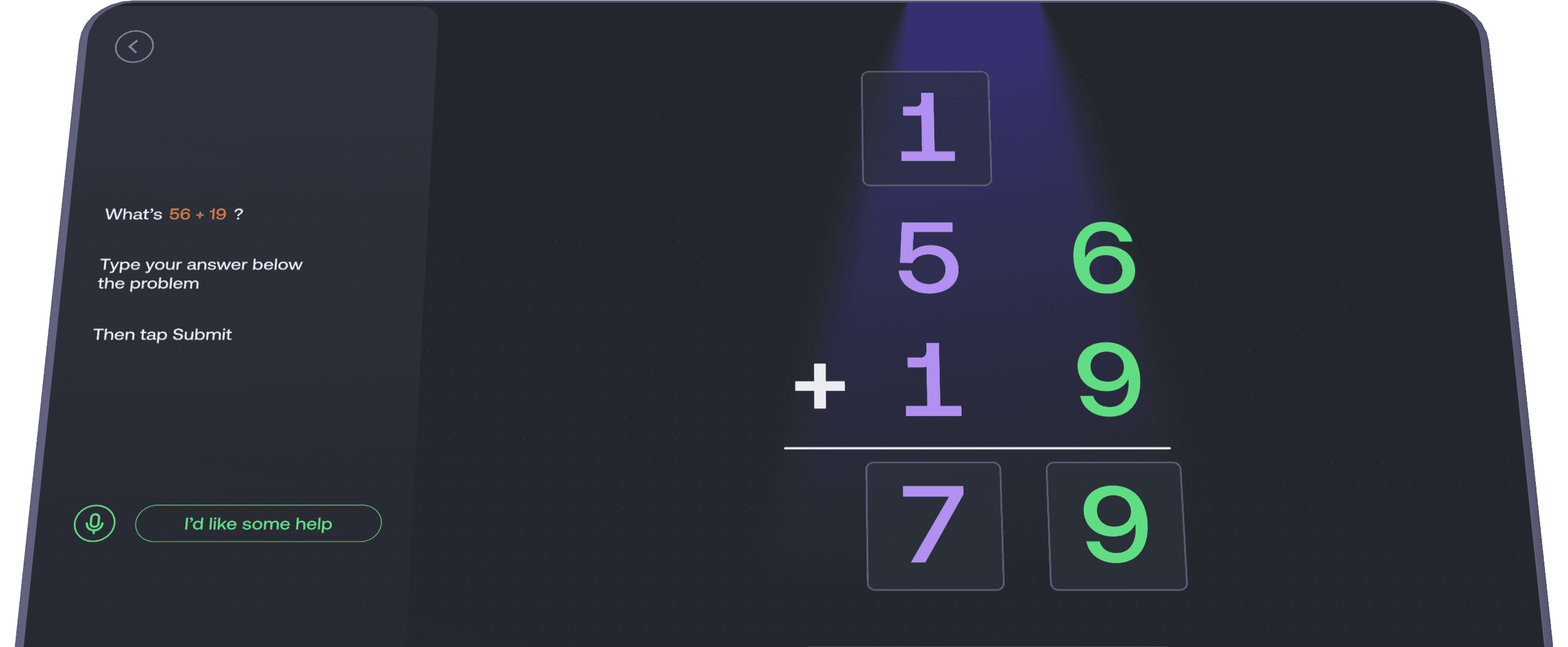 ARLOS math tutoring app showing an addition problem on a tablet