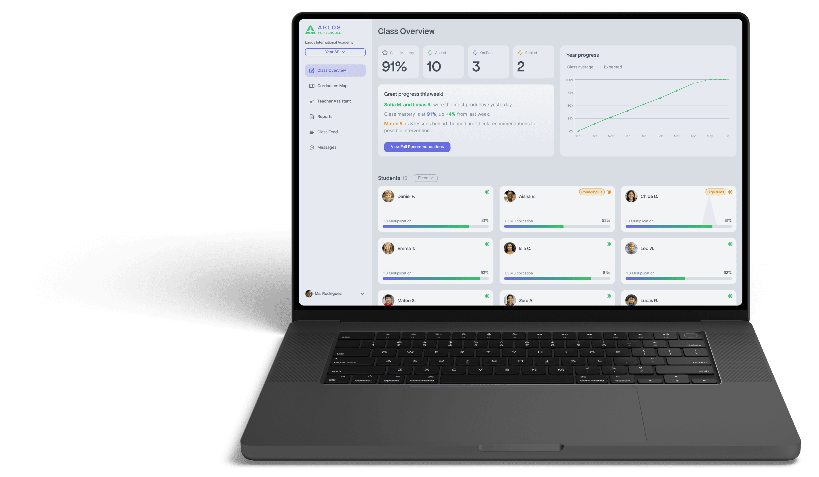 ARLOS teacher dashboard on a MacBook