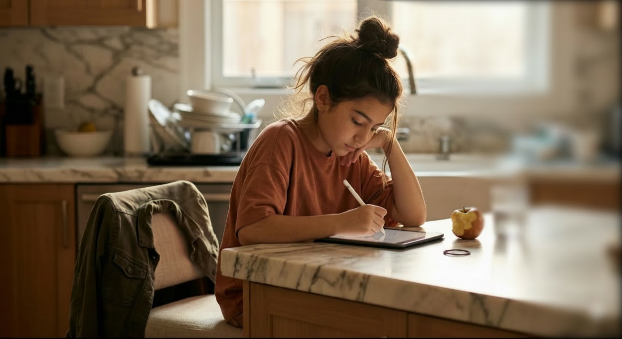 A student writing on a tablet at the kitchen table